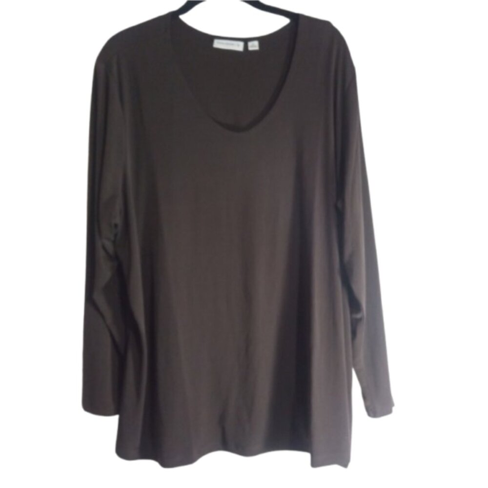 Susan Graver Top Tunic Sz 2X Chocolate Brown Long Sleeve Low Scoop Neck